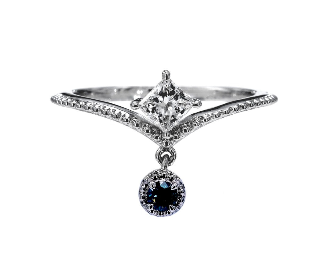 GIA Certified Princess Cut  and Blue Diamond Ring / PK-100R/HER
