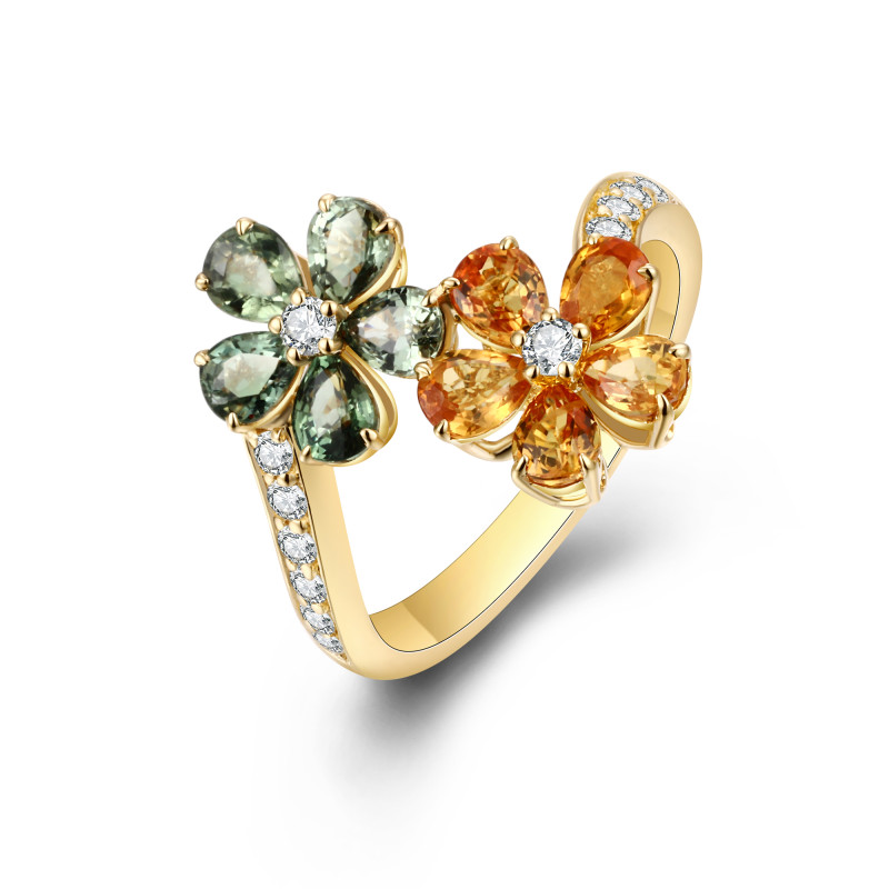 Natural Yellow & Green Sapphire and White Diamond ring / PK-189R/HAR