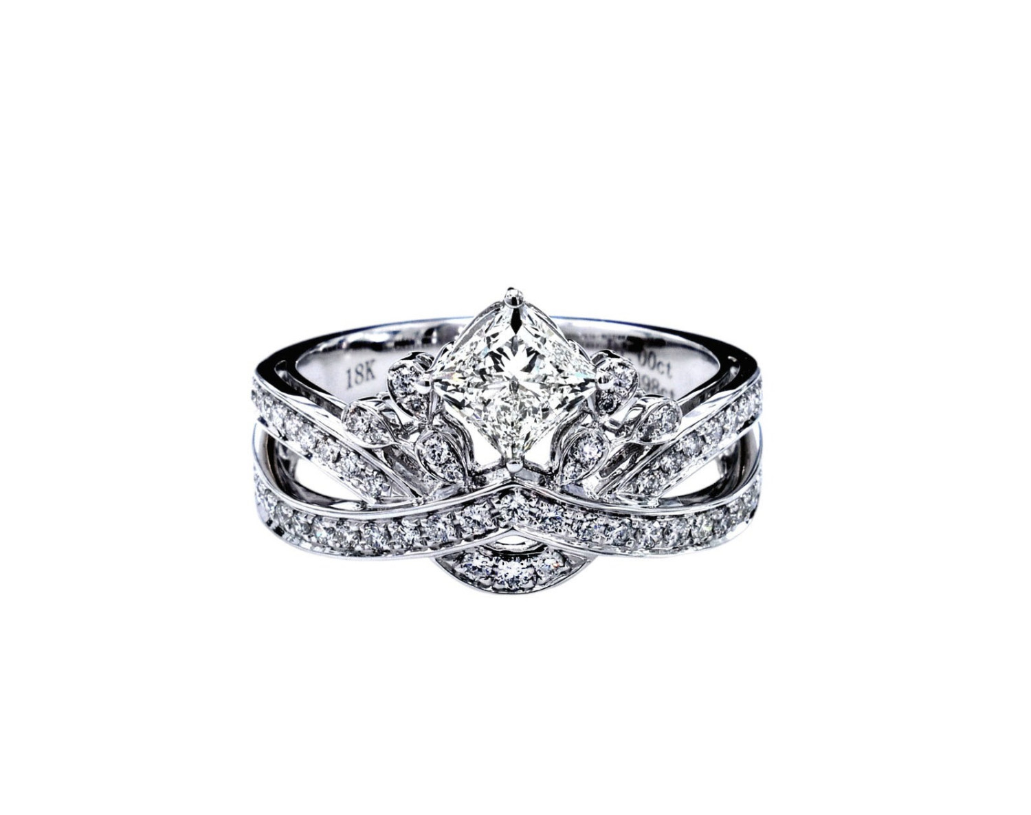 IGI Certified Princess Cut and Round White Diamond Ring / PK-159R/NHER