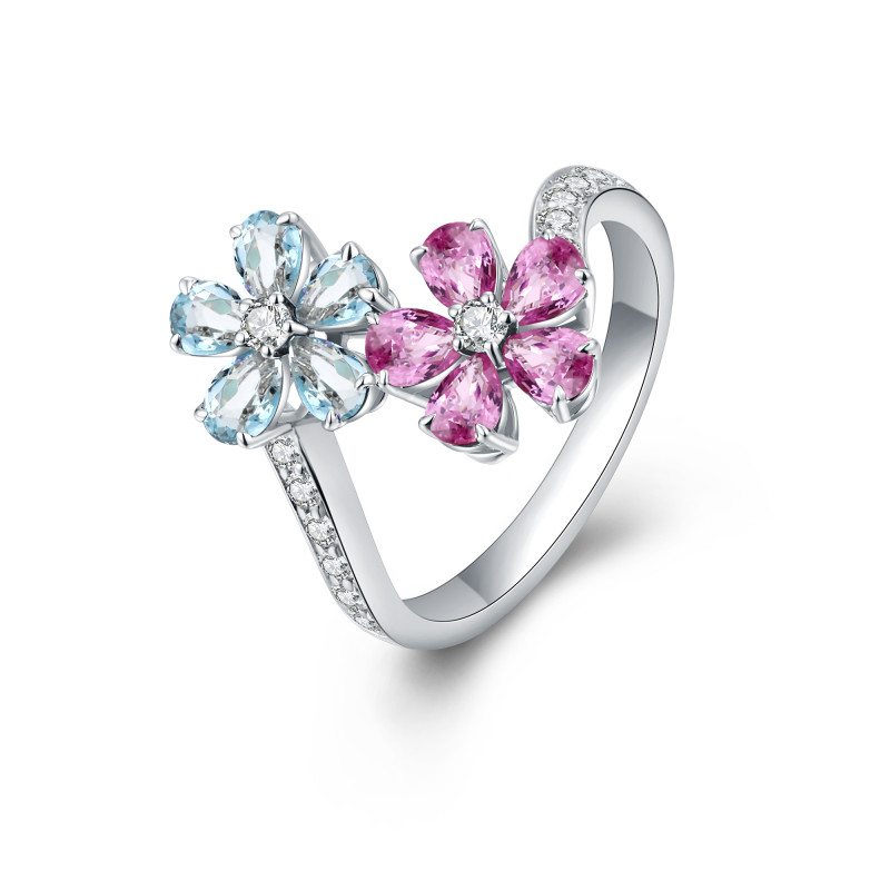Natural Pink Sapphire & Aquamarine and White Diamond Ring / PK-69SR/ASR
